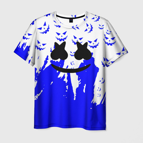 Мужская футболка 3D с принтом Marshmello dj blue pattern music band , 100% полиэфир | прямой крой, круглый вырез горловины, длина до линии бедер | 