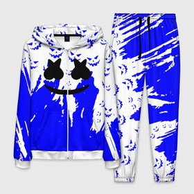 Мужской костюм 3D с принтом Marshmello dj blue pattern music band в Тюмени, 100% полиэстер | Манжеты и пояс оформлены тканевой резинкой, двухслойный капюшон со шнурком для регулировки, карманы спереди | Тематика изображения на принте: 