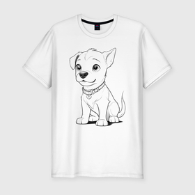 Мужская футболка хлопок Slim с принтом Милый щенок улыбается в Екатеринбурге, 92% хлопок, 8% лайкра | приталенный силуэт, круглый вырез ворота, длина до линии бедра, короткий рукав | 