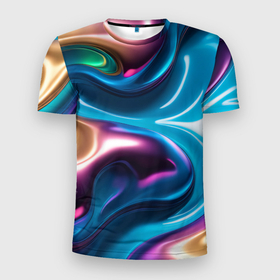 Мужская футболка 3D Slim с принтом Жидкий красочный металл в Санкт-Петербурге, 100% полиэстер с улучшенными характеристиками | приталенный силуэт, круглая горловина, широкие плечи, сужается к линии бедра | Тематика изображения на принте: 