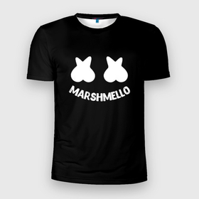 Мужская футболка 3D Slim с принтом Маршмеллоу белое лого в Курске, 100% полиэстер с улучшенными характеристиками | приталенный силуэт, круглая горловина, широкие плечи, сужается к линии бедра | Тематика изображения на принте: 