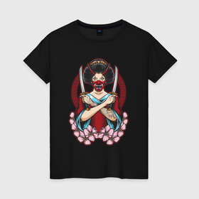 Женская футболка хлопок с принтом Японская девушка в маске с ножами в Белгороде, 100% хлопок | прямой крой, круглый вырез горловины, длина до линии бедер, слегка спущенное плечо | 