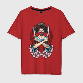 Мужская футболка хлопок Oversize с принтом Японская девушка в маске с ножами в Белгороде, 100% хлопок | свободный крой, круглый ворот, “спинка” длиннее передней части | 
