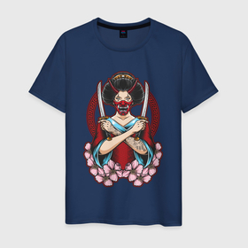 Мужская футболка хлопок с принтом Японская девушка в маске с ножами в Новосибирске, 100% хлопок | прямой крой, круглый вырез горловины, длина до линии бедер, слегка спущенное плечо. | Тематика изображения на принте: 