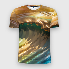 Мужская футболка 3D Slim с принтом Перламутровые блестящие волны радужных цветов в Тюмени, 100% полиэстер с улучшенными характеристиками | приталенный силуэт, круглая горловина, широкие плечи, сужается к линии бедра | 