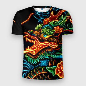 Мужская футболка 3D Slim с принтом Japanese neon dragon   irezumi в Новосибирске, 100% полиэстер с улучшенными характеристиками | приталенный силуэт, круглая горловина, широкие плечи, сужается к линии бедра | Тематика изображения на принте: 