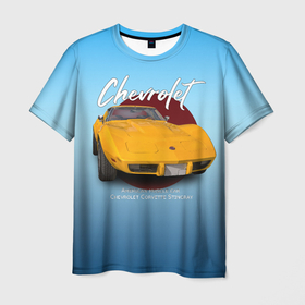 Мужская футболка 3D с принтом Американский маслкар Chevrolet Corvette в Новосибирске, 100% полиэфир | прямой крой, круглый вырез горловины, длина до линии бедер | 