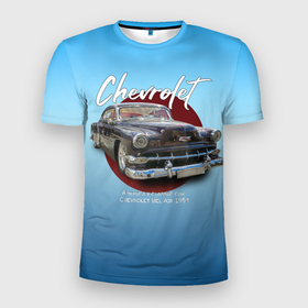 Мужская футболка 3D Slim с принтом Американский классический автомобиль Chevrolet Bel Air 1954 года в Санкт-Петербурге, 100% полиэстер с улучшенными характеристиками | приталенный силуэт, круглая горловина, широкие плечи, сужается к линии бедра | 