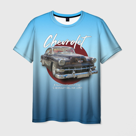Мужская футболка 3D с принтом Американский классический автомобиль Chevrolet Bel Air 1954 года , 100% полиэфир | прямой крой, круглый вырез горловины, длина до линии бедер | Тематика изображения на принте: 