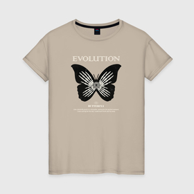 Женская футболка хлопок с принтом Бабочка evolution в Кировске, 100% хлопок | прямой крой, круглый вырез горловины, длина до линии бедер, слегка спущенное плечо | 