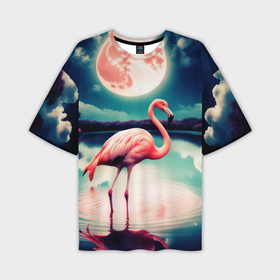 Мужская футболка oversize 3D с принтом Розовый фламинго на фоне луны в Санкт-Петербурге,  |  | Тематика изображения на принте: 