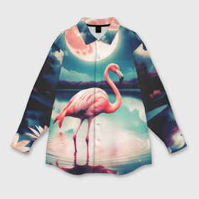 Мужская рубашка oversize 3D с принтом Розовый фламинго на фоне луны в Кировске,  |  | 