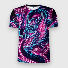 Мужская футболка 3D Slim с принтом Neon Japanese dragon   irezumi в Новосибирске, 100% полиэстер с улучшенными характеристиками | приталенный силуэт, круглая горловина, широкие плечи, сужается к линии бедра | Тематика изображения на принте: 
