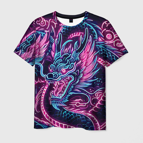 Мужская футболка 3D с принтом Neon Japanese dragon   irezumi в Новосибирске, 100% полиэфир | прямой крой, круглый вырез горловины, длина до линии бедер | Тематика изображения на принте: 