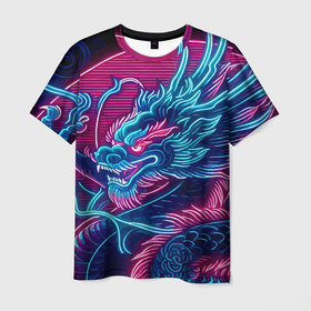 Мужская футболка 3D с принтом Свирепый японский дракон   ирезуми , 100% полиэфир | прямой крой, круглый вырез горловины, длина до линии бедер | 
