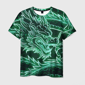 Мужская футболка 3D с принтом Неоновый дракон   ирезуми в Санкт-Петербурге, 100% полиэфир | прямой крой, круглый вырез горловины, длина до линии бедер | 