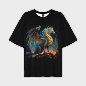 Мужская футболка oversize 3D с принтом Сказочный дракон на скале в Санкт-Петербурге,  |  | 