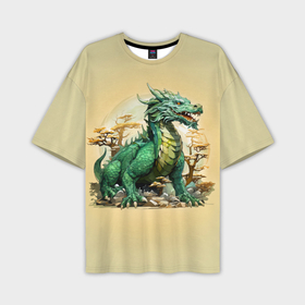Мужская футболка oversize 3D с принтом Огромный зеленый дракон среди деревьев в Петрозаводске,  |  | Тематика изображения на принте: 