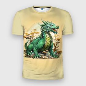 Мужская футболка 3D Slim с принтом Огромный зеленый дракон среди деревьев в Белгороде, 100% полиэстер с улучшенными характеристиками | приталенный силуэт, круглая горловина, широкие плечи, сужается к линии бедра | 