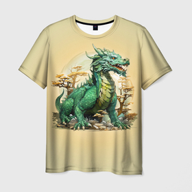 Мужская футболка 3D с принтом Огромный зеленый дракон среди деревьев , 100% полиэфир | прямой крой, круглый вырез горловины, длина до линии бедер | 