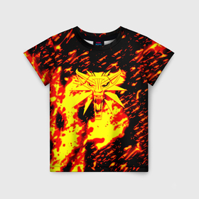 Детская футболка 3D с принтом Ведьмак огненное лого в Петрозаводске, 100% гипоаллергенный полиэфир | прямой крой, круглый вырез горловины, длина до линии бедер, чуть спущенное плечо, ткань немного тянется | 