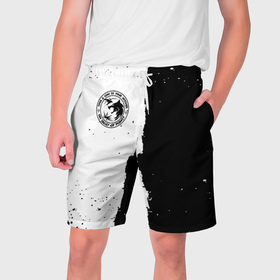 Мужские шорты 3D с принтом Ведьмак лого черно белые в Тюмени,  полиэстер 100% | прямой крой, два кармана без застежек по бокам. Мягкая трикотажная резинка на поясе, внутри которой широкие завязки. Длина чуть выше колен | 