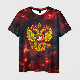 Мужская футболка 3D с принтом Герб РФ лава огненный герб в Белгороде, 100% полиэфир | прямой крой, круглый вырез горловины, длина до линии бедер | 