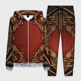 Мужской костюм 3D с принтом Золотые  объемные узоры на красном фоне лепнина в Курске, 100% полиэстер | Манжеты и пояс оформлены тканевой резинкой, двухслойный капюшон со шнурком для регулировки, карманы спереди | 