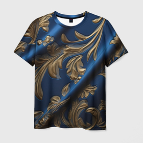 Мужская футболка 3D с принтом Лепнина узоры золотистые на синем  фоне в Белгороде, 100% полиэфир | прямой крой, круглый вырез горловины, длина до линии бедер | 