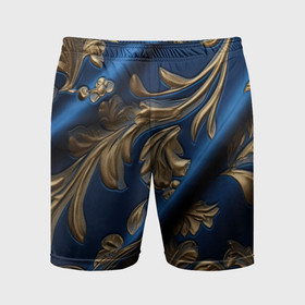 Мужские шорты спортивные с принтом Лепнина узоры золотистые на синем  фоне в Белгороде,  |  | 