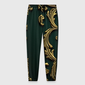 Мужские брюки 3D с принтом Лепнина золотые узоры на зеленой ткани в Санкт-Петербурге, 100% полиэстер | манжеты по низу, эластичный пояс регулируется шнурком, по бокам два кармана без застежек, внутренняя часть кармана из мелкой сетки | 