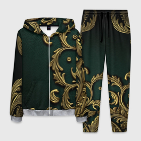 Мужской костюм 3D с принтом Лепнина золотые узоры на зеленой ткани в Екатеринбурге, 100% полиэстер | Манжеты и пояс оформлены тканевой резинкой, двухслойный капюшон со шнурком для регулировки, карманы спереди | 