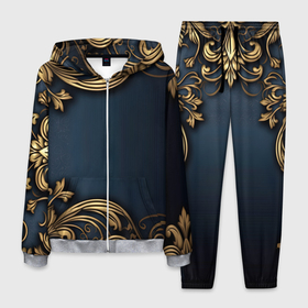 Мужской костюм 3D с принтом Лепнина объемные  золотые узоры на ткани в Екатеринбурге, 100% полиэстер | Манжеты и пояс оформлены тканевой резинкой, двухслойный капюшон со шнурком для регулировки, карманы спереди | 