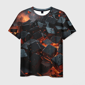 Мужская футболка 3D с принтом Абстрактные кубы в огне в Тюмени, 100% полиэфир | прямой крой, круглый вырез горловины, длина до линии бедер | 