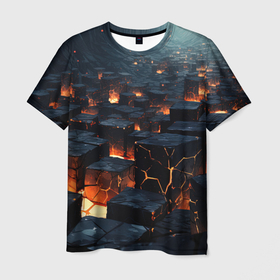 Мужская футболка 3D с принтом Кубы черные абстрактные в огне в Новосибирске, 100% полиэфир | прямой крой, круглый вырез горловины, длина до линии бедер | Тематика изображения на принте: 
