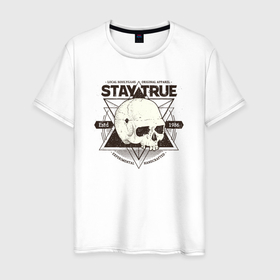 Мужская футболка хлопок с принтом Skull stay true в Курске, 100% хлопок | прямой крой, круглый вырез горловины, длина до линии бедер, слегка спущенное плечо. | 