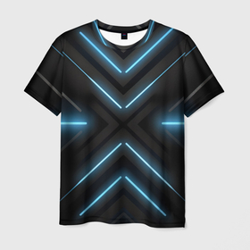 Мужская футболка 3D с принтом Синий неоновый свет через черную абстракцию в Петрозаводске, 100% полиэфир | прямой крой, круглый вырез горловины, длина до линии бедер | 