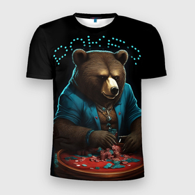 Мужская футболка 3D Slim с принтом Медведь играет в покер , 100% полиэстер с улучшенными характеристиками | приталенный силуэт, круглая горловина, широкие плечи, сужается к линии бедра | Тематика изображения на принте: 