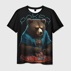 Мужская футболка 3D с принтом Медведь играет в покер в Петрозаводске, 100% полиэфир | прямой крой, круглый вырез горловины, длина до линии бедер | 