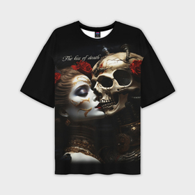 Мужская футболка oversize 3D с принтом Поцелуй девушки с черепом в Тюмени,  |  | Тематика изображения на принте: 