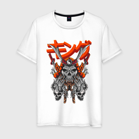 Мужская футболка хлопок с принтом Демон самурай иероглифы в Кировске, 100% хлопок | прямой крой, круглый вырез горловины, длина до линии бедер, слегка спущенное плечо. | 