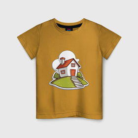 Детская футболка хлопок с принтом Домик на холме в Екатеринбурге, 100% хлопок | круглый вырез горловины, полуприлегающий силуэт, длина до линии бедер | Тематика изображения на принте: 