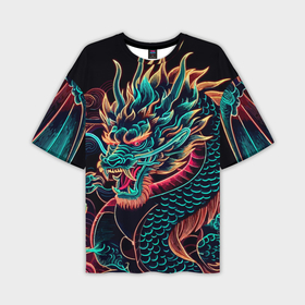 Мужская футболка oversize 3D с принтом Неоновое ирезуми японского дракона в Санкт-Петербурге,  |  | Тематика изображения на принте: 