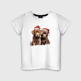Детская футболка хлопок с принтом Рождественские щенята , 100% хлопок | круглый вырез горловины, полуприлегающий силуэт, длина до линии бедер | 