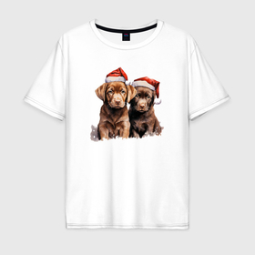 Мужская футболка хлопок Oversize с принтом Рождественские щенята в Новосибирске, 100% хлопок | свободный крой, круглый ворот, “спинка” длиннее передней части | 