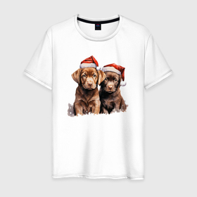 Мужская футболка хлопок с принтом Рождественские щенята , 100% хлопок | прямой крой, круглый вырез горловины, длина до линии бедер, слегка спущенное плечо. | 