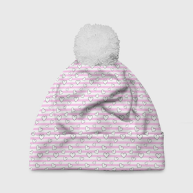 Шапка 3D c помпоном с принтом Полосатый розовый паттерн с сердечками в Екатеринбурге, 100% полиэстер | универсальный размер, печать по всей поверхности изделия | 