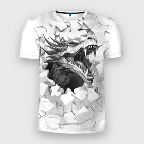 Мужская футболка 3D Slim с принтом Дракон с открытой пастью проламывает стену в Новосибирске, 100% полиэстер с улучшенными характеристиками | приталенный силуэт, круглая горловина, широкие плечи, сужается к линии бедра | 