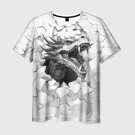Мужская футболка 3D с принтом Дракон с открытой пастью проламывает стену , 100% полиэфир | прямой крой, круглый вырез горловины, длина до линии бедер | 