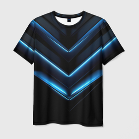 Мужская футболка 3D с принтом Синее неоновое   свечение  геометрическая   темная  абстракция в Кировске, 100% полиэфир | прямой крой, круглый вырез горловины, длина до линии бедер | 